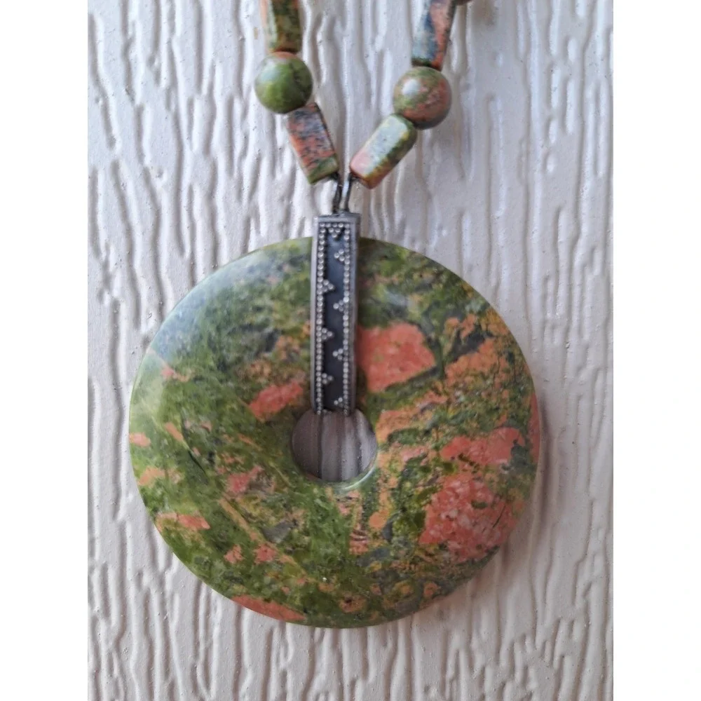 Gemstone Fashion Jewelry Beaded Necklace Natural Unakite With Pendant Silky Cord